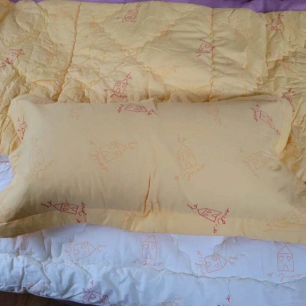 Full Size Pillow Case & Quilted Comforter Blanket House Color Block Yellow Ivory
